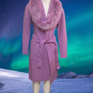 Women’s Purple Long Winter Coat With Faux Fur Collar 100% Wool Warm & Cozy